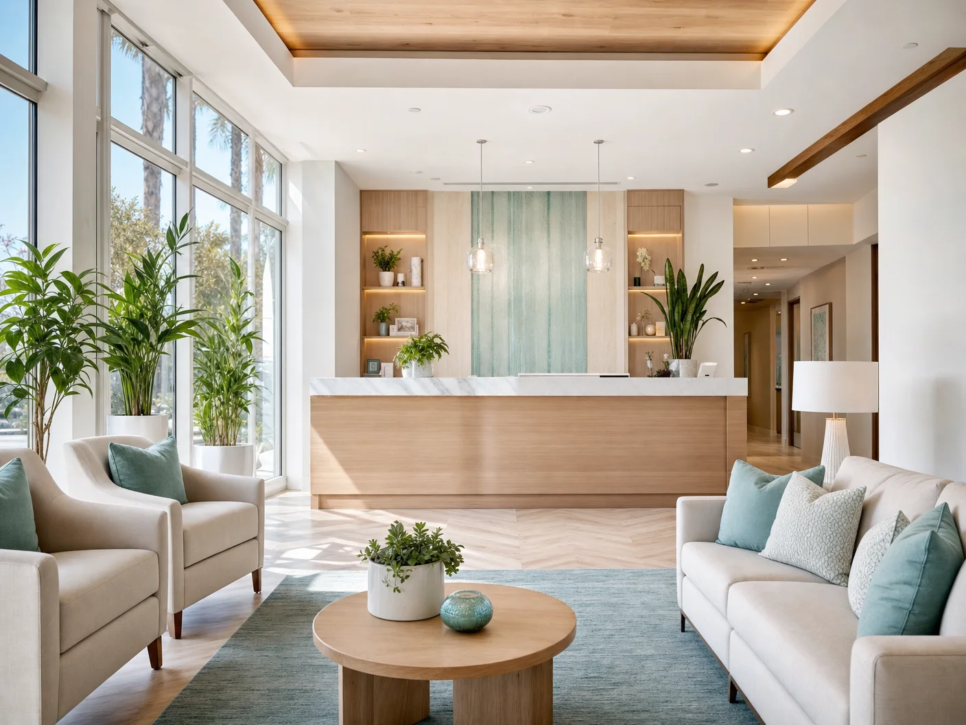 Bright, welcoming med spa reception area with plants and clean modern seating