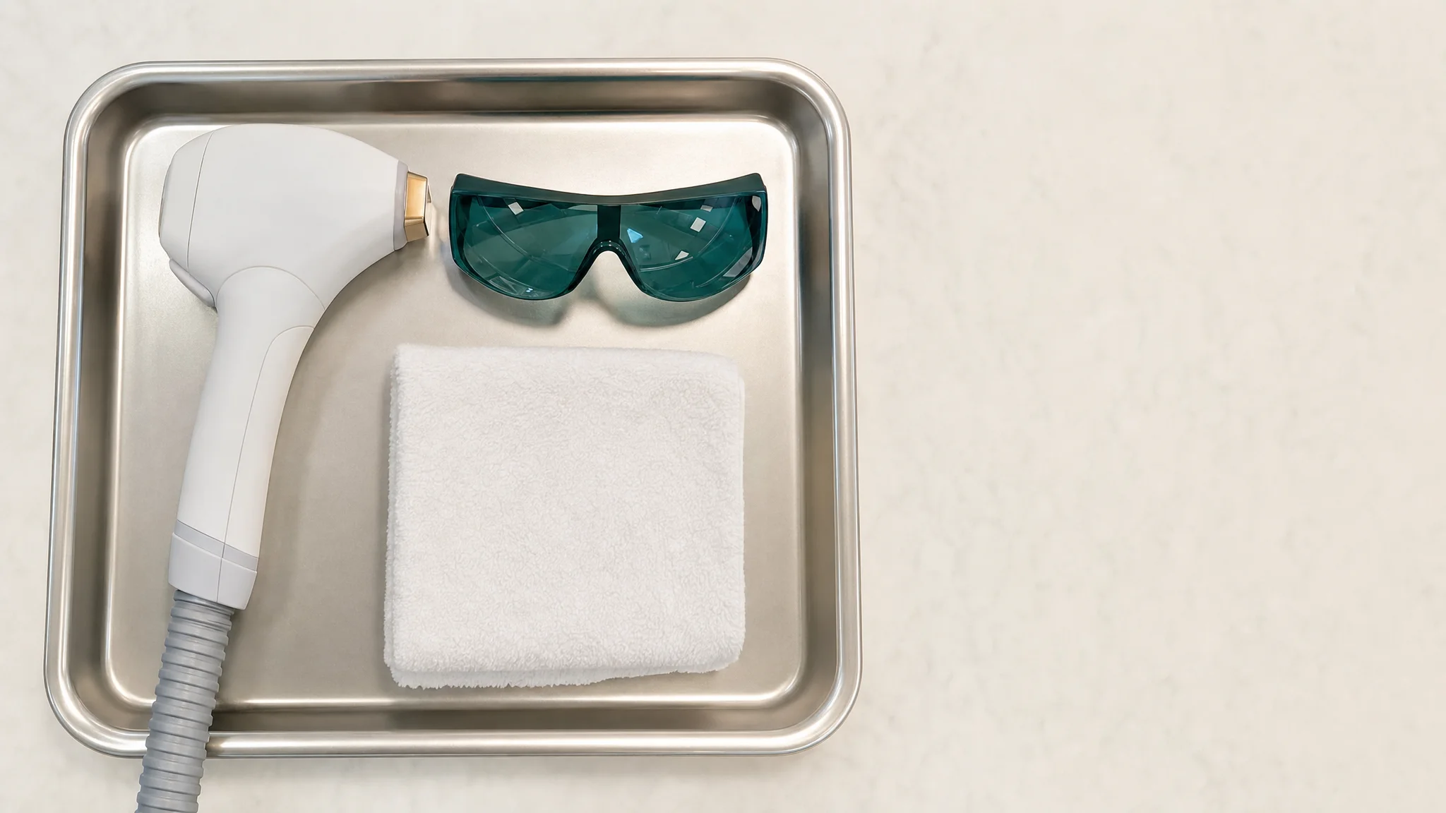 Laser hair removal device and protective eyewear arranged on a clinical tray