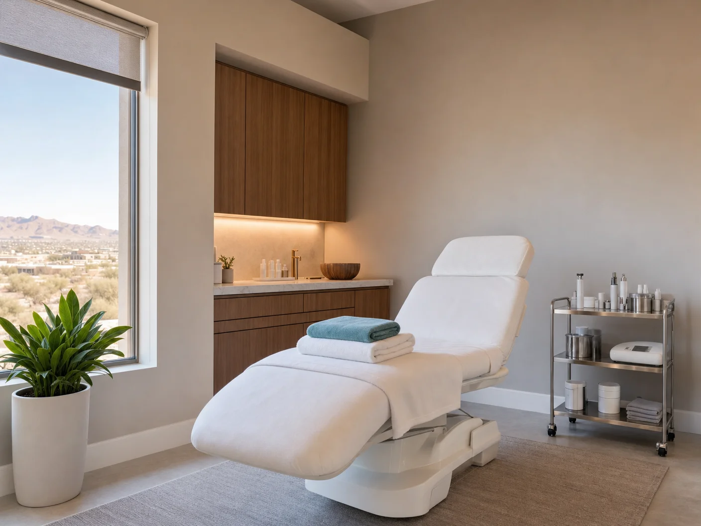 Calm, softly lit med spa treatment room with clean modern furnishings