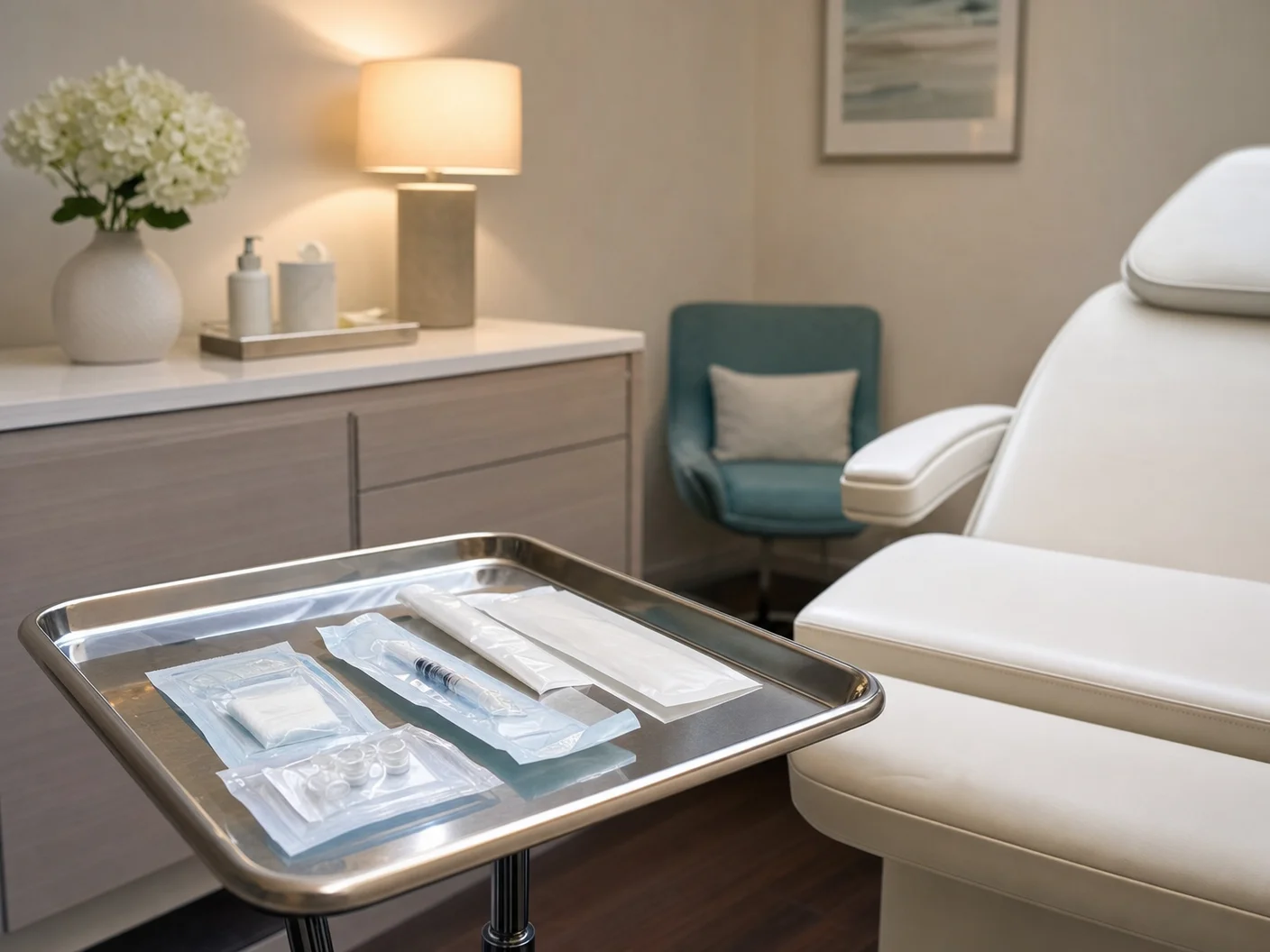Sterile aesthetic treatment tray with instruments in a softly lit private treatment room