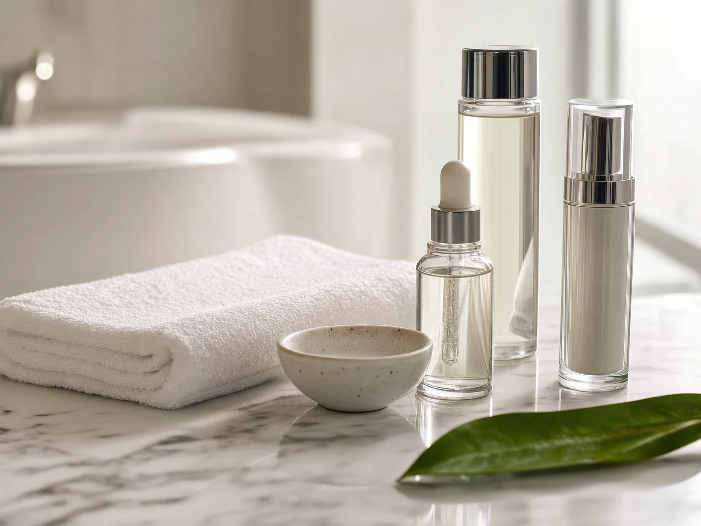 Medical-grade serum and skincare tools arranged on a clean treatment counter