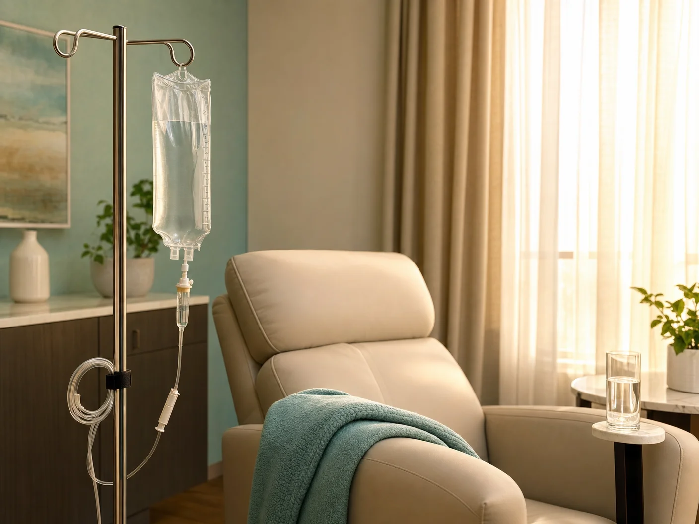 IV drip bag and line beside a comfortable recliner in a warmly lit therapy room