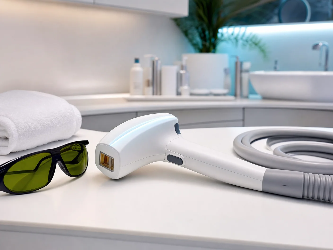 Laser hair removal handpiece resting on a clean white counter with protective eyewear