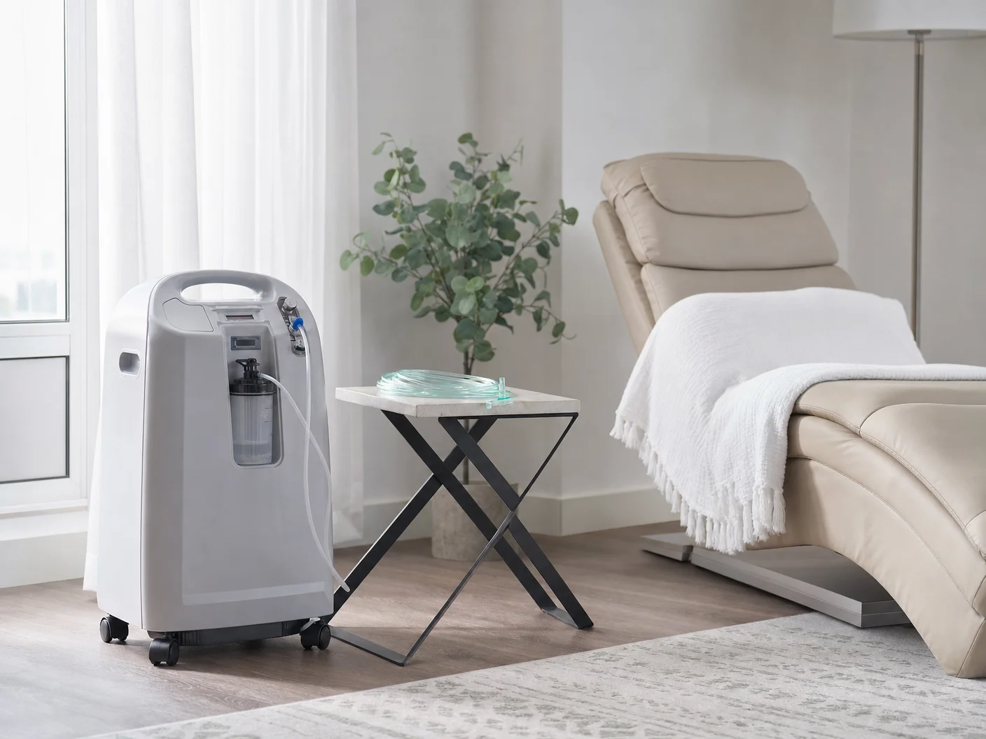 Oxygen therapy equipment and cannula beside a reclining chair in a calm treatment space