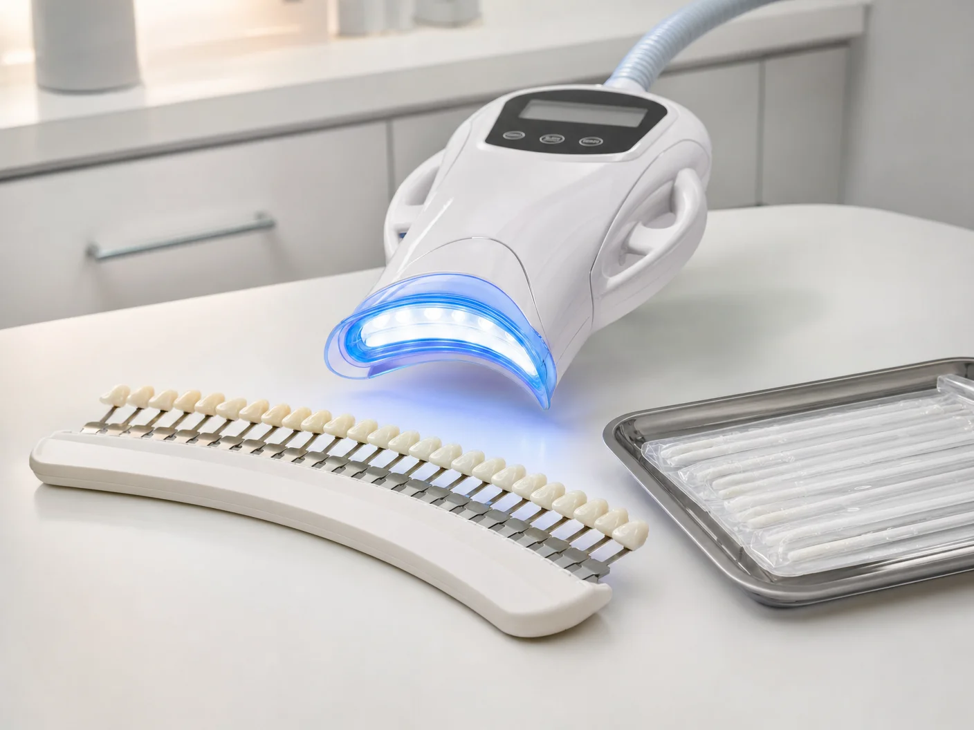 Professional teeth whitening light and shade guide on a clean clinical surface