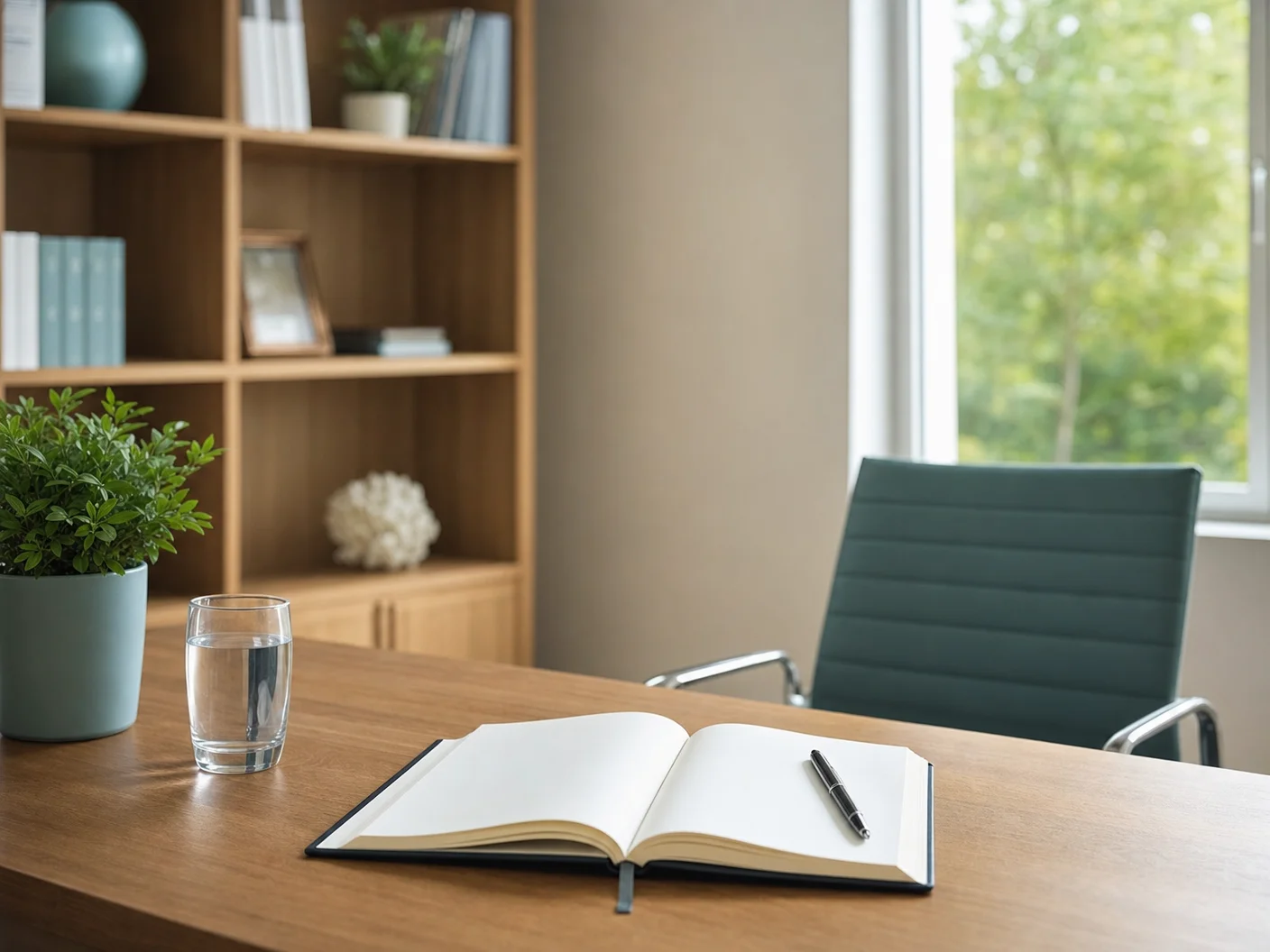 Calm consultation desk with a notebook and water glass in a private medical office